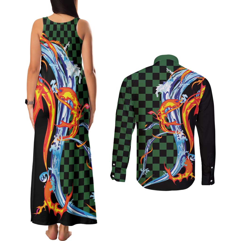 Japanese Asanoha Pattern Couples Matching Tank Maxi Dress and Long Sleeve Button Shirt Sun Flame Slayer Dragon Hinokami Kagura Spirit LT9 - Polynesian Pride
