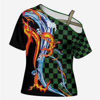 Japanese Asanoha Pattern Cross Shoulder Shirt Sun Flame Slayer Dragon Hinokami Kagura Spirit LT9 Female Green - Polynesian Pride