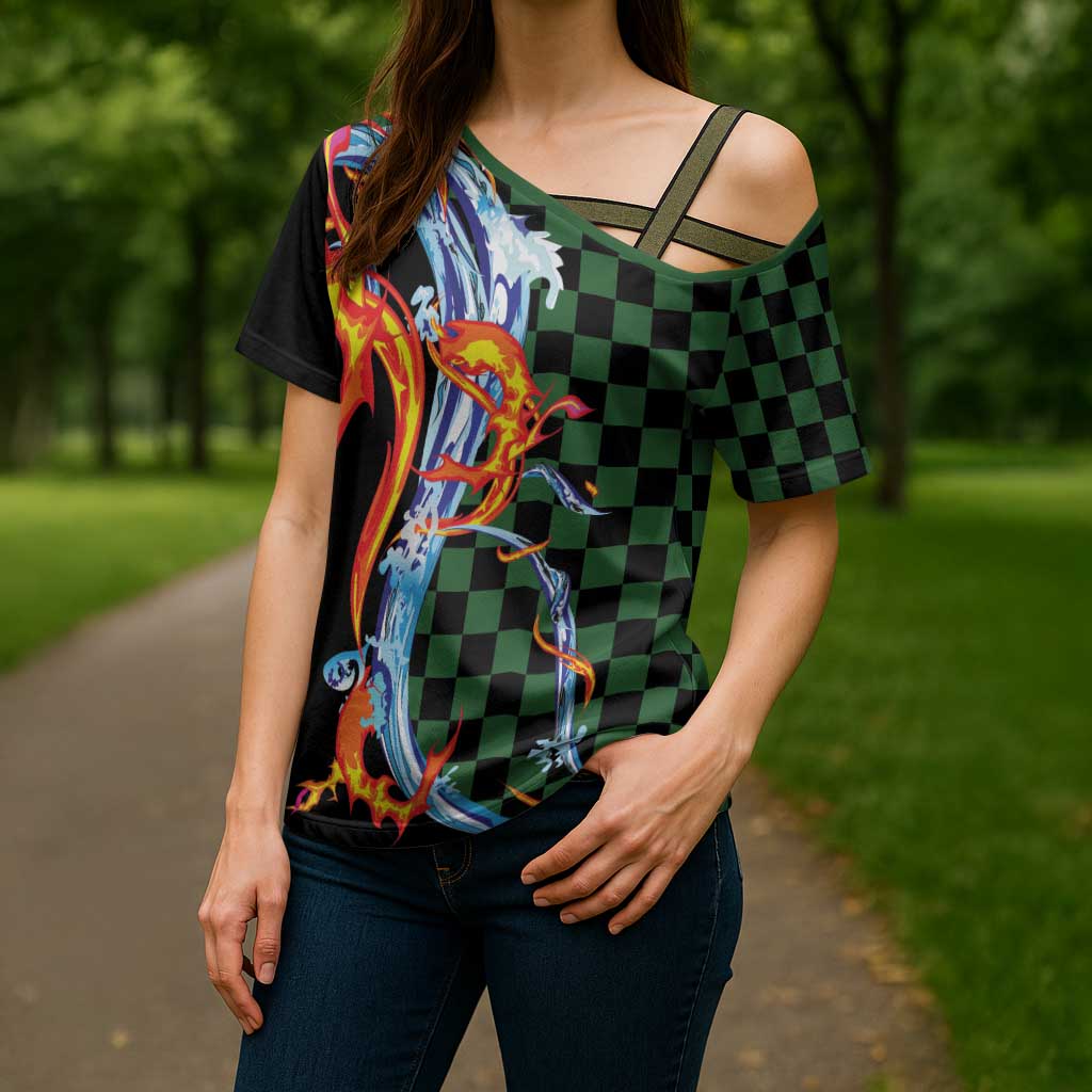 Japanese Asanoha Pattern Cross Shoulder Shirt Sun Flame Slayer Dragon Hinokami Kagura Spirit LT9 - Polynesian Pride