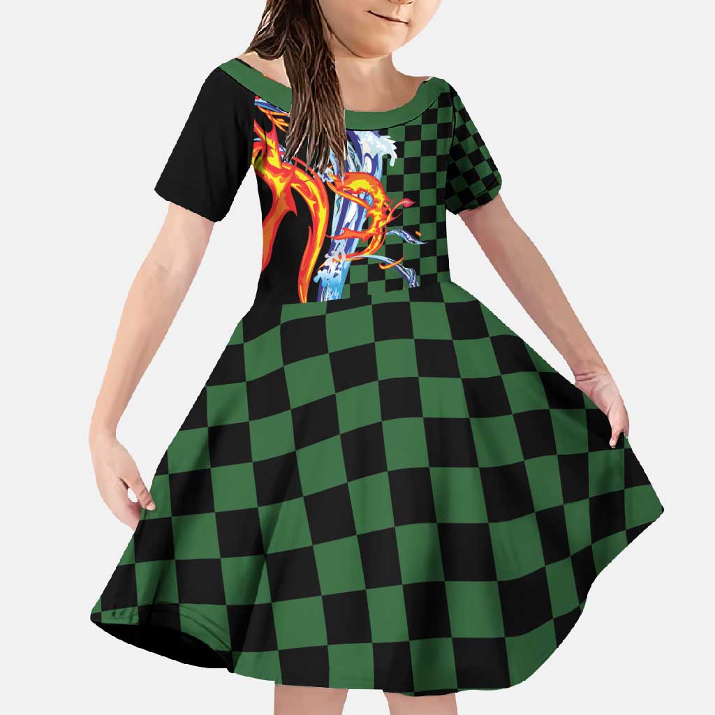 Japanese Asanoha Pattern Family Matching Long Sleeve Bodycon Dress and Hawaiian Shirt Sun Flame Slayer Dragon Hinokami Kagura Spirit LT9 Daughter's Dress Green - Polynesian Pride