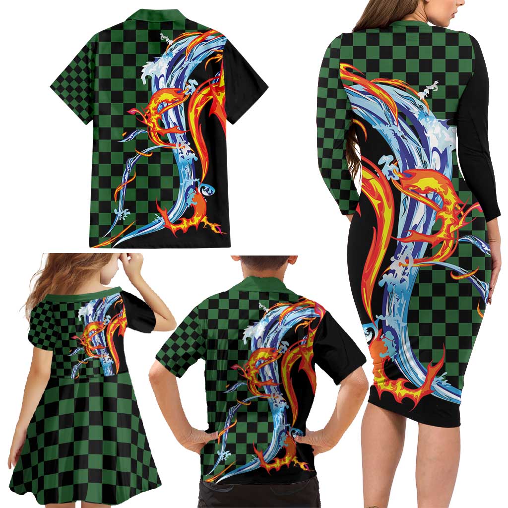 Japanese Asanoha Pattern Family Matching Long Sleeve Bodycon Dress and Hawaiian Shirt Sun Flame Slayer Dragon Hinokami Kagura Spirit LT9 - Polynesian Pride
