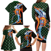 Japanese Asanoha Pattern Family Matching Long Sleeve Bodycon Dress and Hawaiian Shirt Sun Flame Slayer Dragon Hinokami Kagura Spirit LT9 - Polynesian Pride