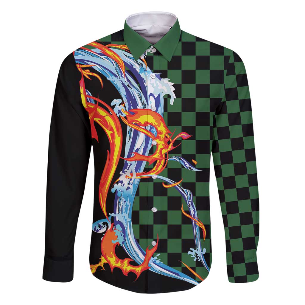 Japanese Asanoha Pattern Family Matching Long Sleeve Bodycon Dress and Hawaiian Shirt Sun Flame Slayer Dragon Hinokami Kagura Spirit LT9 Dad's Shirt - Long Sleeve Green - Polynesian Pride