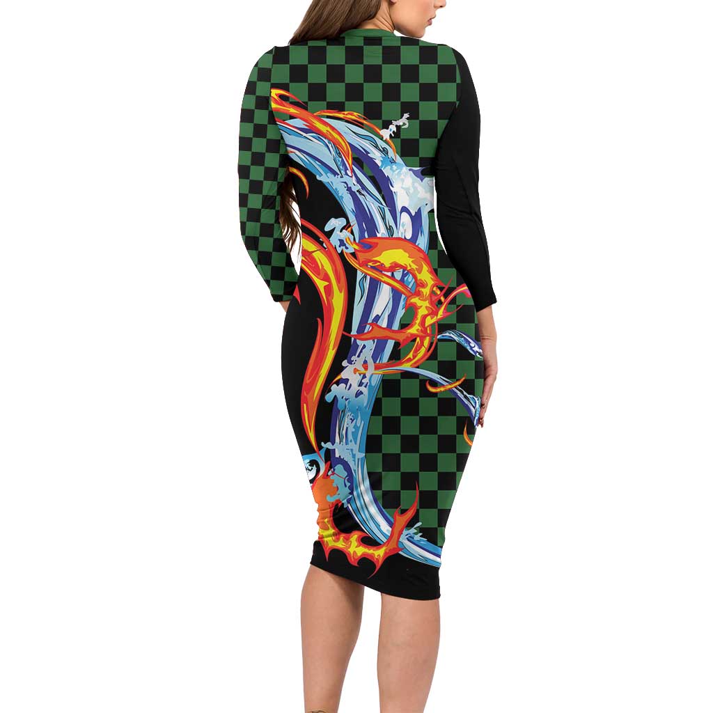 Japanese Asanoha Pattern Family Matching Long Sleeve Bodycon Dress and Hawaiian Shirt Sun Flame Slayer Dragon Hinokami Kagura Spirit LT9 - Polynesian Pride