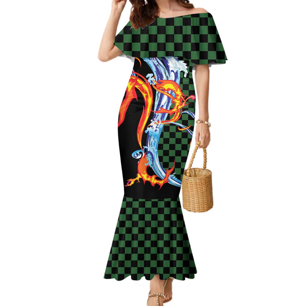 Japanese Asanoha Pattern Family Matching Mermaid Dress and Hawaiian Shirt Sun Flame Slayer Dragon Hinokami Kagura Spirit LT9 Mom's Dress Green - Polynesian Pride