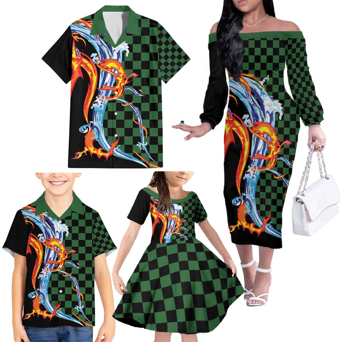 Japanese Asanoha Pattern Family Matching Off The Shoulder Long Sleeve Dress and Hawaiian Shirt Sun Flame Slayer Dragon Hinokami Kagura Spirit - Polynesian Pride