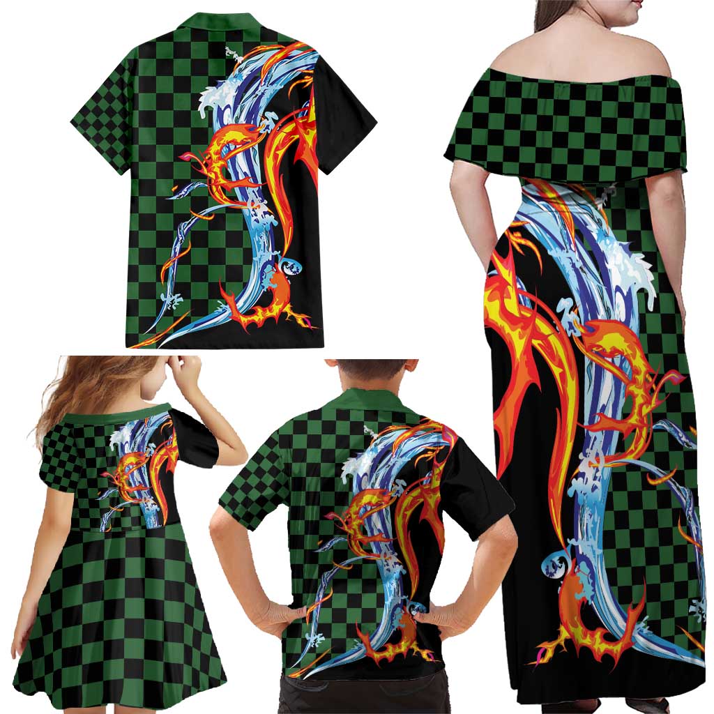 Japanese Asanoha Pattern Family Matching Off Shoulder Maxi Dress and Hawaiian Shirt Sun Flame Slayer Dragon Hinokami Kagura Spirit - Polynesian Pride
