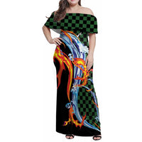 Japanese Asanoha Pattern Family Matching Off Shoulder Maxi Dress and Hawaiian Shirt Sun Flame Slayer Dragon Hinokami Kagura Spirit - Polynesian Pride