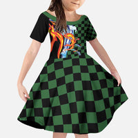 Japanese Asanoha Pattern Family Matching Puletasi and Hawaiian Shirt Sun Flame Slayer Dragon Hinokami Kagura Spirit LT9 Daughter's Dress Green - Polynesian Pride
