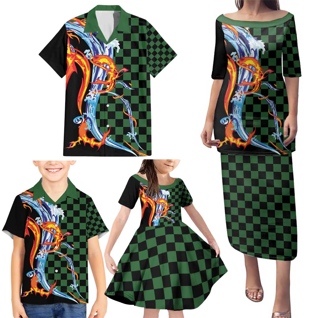 Japanese Asanoha Pattern Family Matching Puletasi and Hawaiian Shirt Sun Flame Slayer Dragon Hinokami Kagura Spirit - Polynesian Pride