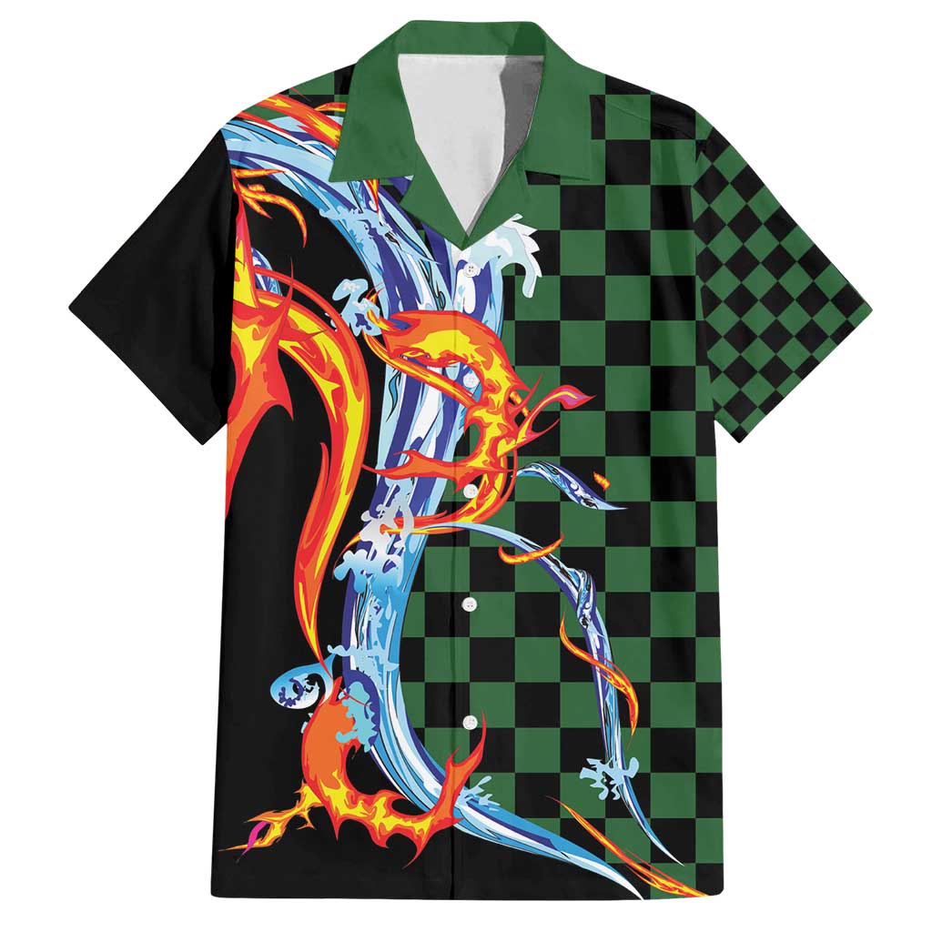 Japanese Asanoha Pattern Family Matching Puletasi and Hawaiian Shirt Sun Flame Slayer Dragon Hinokami Kagura Spirit LT9 Dad's Shirt - Short Sleeve Green - Polynesian Pride