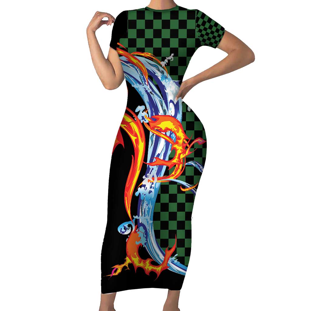 Japanese Asanoha Pattern Family Matching Short Sleeve Bodycon Dress and Hawaiian Shirt Sun Flame Slayer Dragon Hinokami Kagura Spirit LT9 Mom's Dress Green - Polynesian Pride