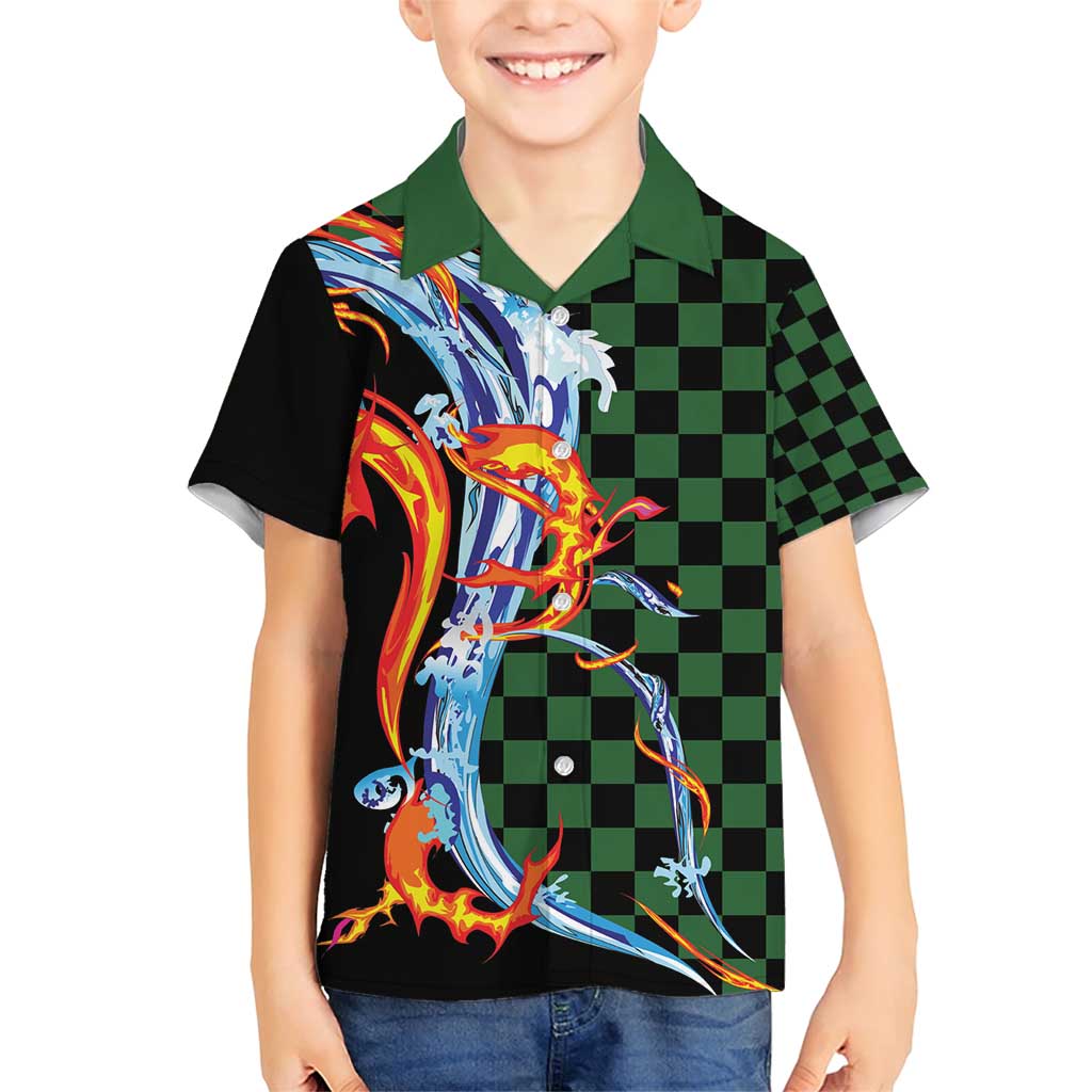 Japanese Asanoha Pattern Family Matching Short Sleeve Bodycon Dress and Hawaiian Shirt Sun Flame Slayer Dragon Hinokami Kagura Spirit LT9 Son's Shirt Green - Polynesian Pride