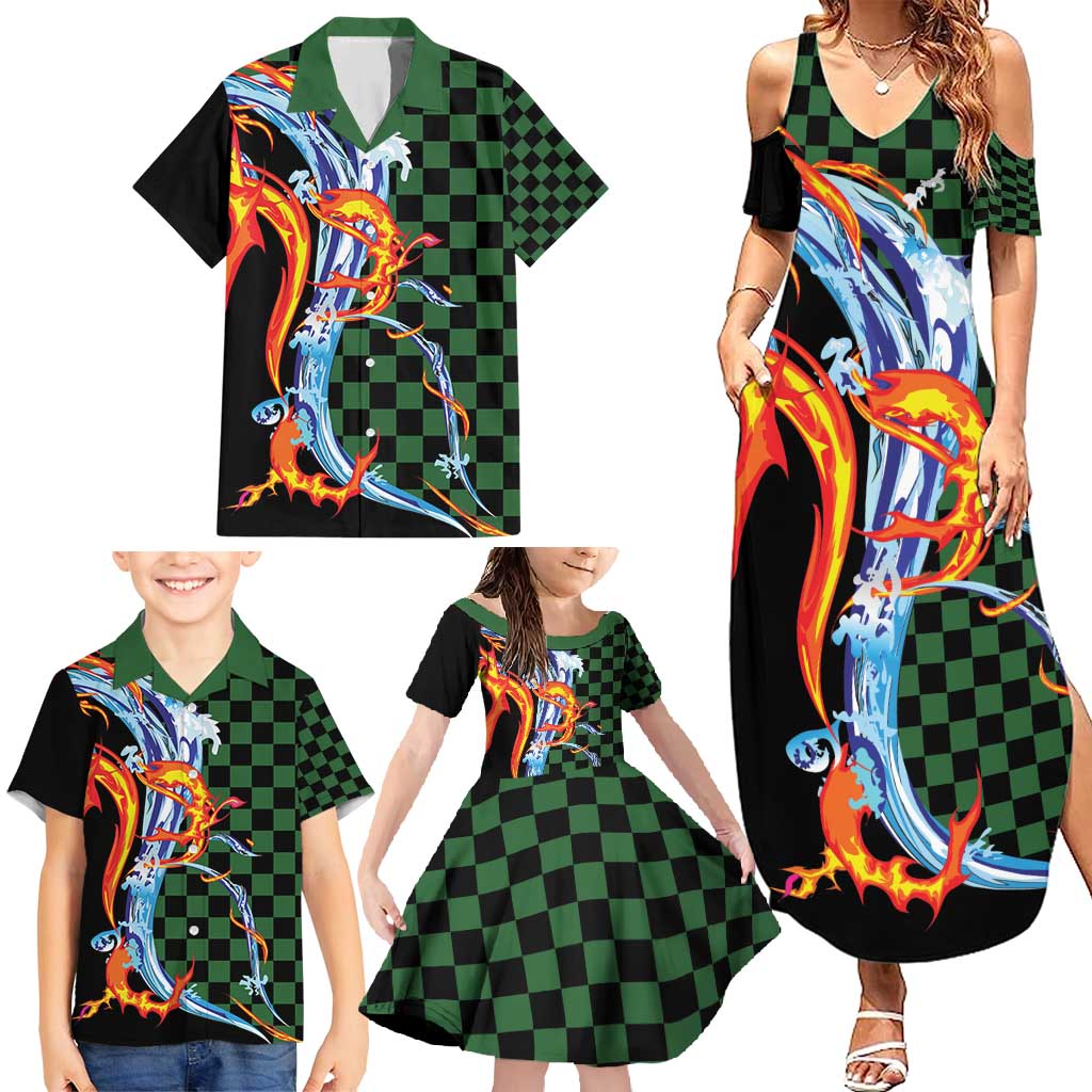 Japanese Asanoha Pattern Family Matching Summer Maxi Dress and Hawaiian Shirt Sun Flame Slayer Dragon Hinokami Kagura Spirit - Polynesian Pride