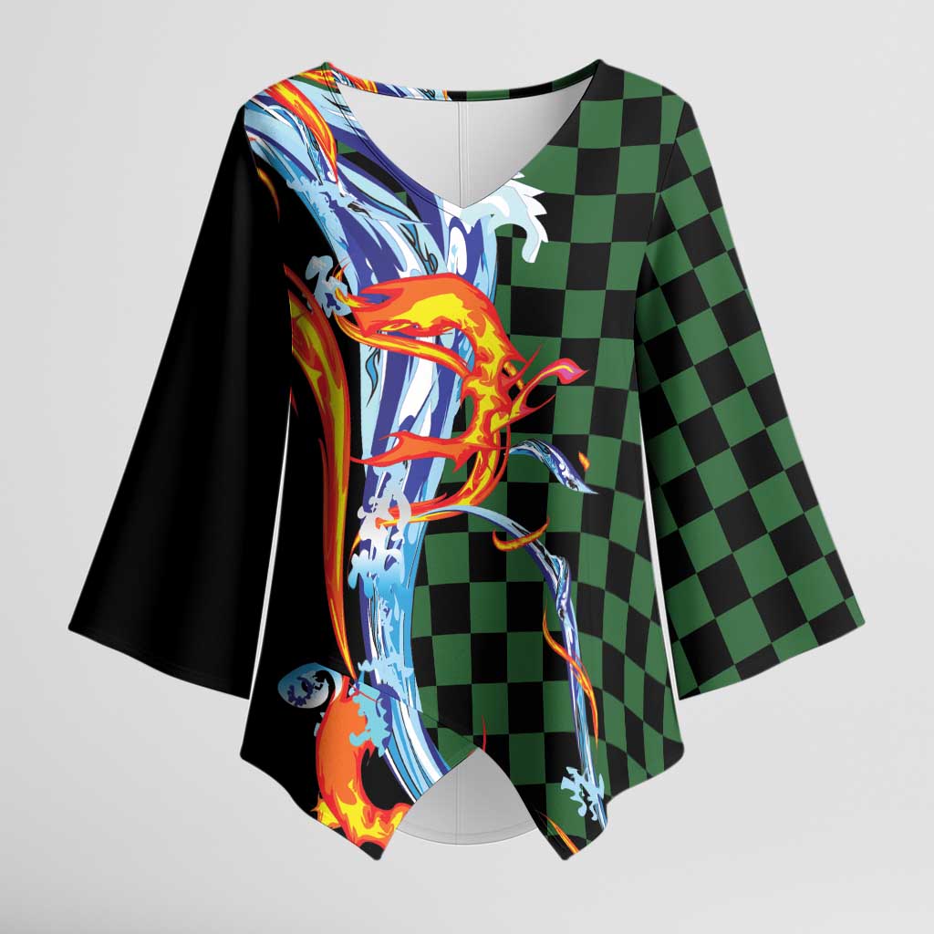 Japanese Asanoha Pattern Kimono Sleeve Blouse Sun Flame Slayer Dragon Hinokami Kagura Spirit - Polynesian Pride