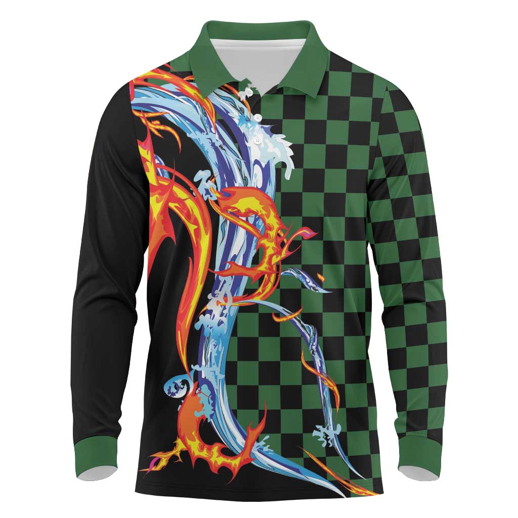 Japanese Asanoha Pattern Long Sleeve Polo Shirt Sun Flame Slayer Dragon Hinokami Kagura Spirit - Polynesian Pride