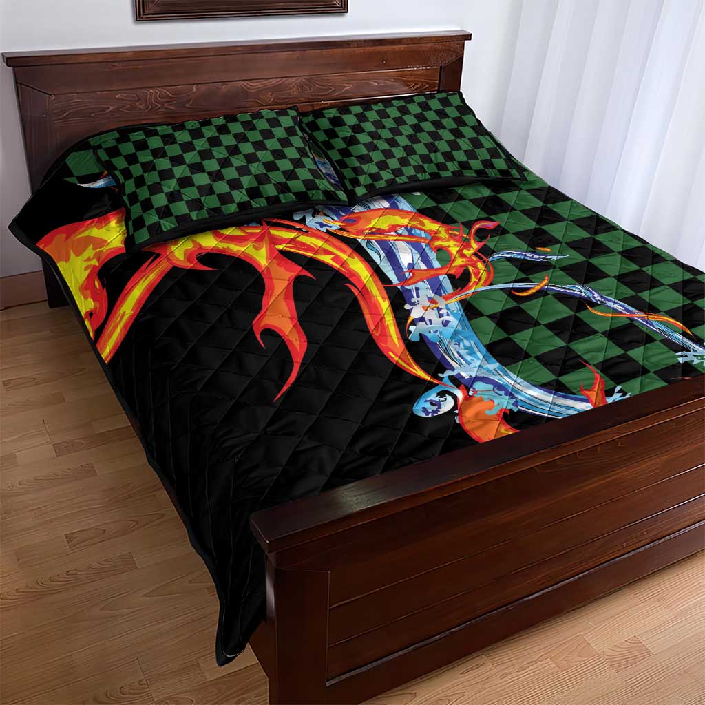 Japanese Asanoha Pattern Quilt Bed Set Sun Flame Slayer Dragon Hinokami Kagura Spirit - Polynesian Pride
