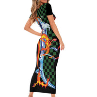 Japanese Asanoha Pattern Short Sleeve Bodycon Dress Sun Flame Slayer Dragon Hinokami Kagura Spirit LT9 - Polynesian Pride