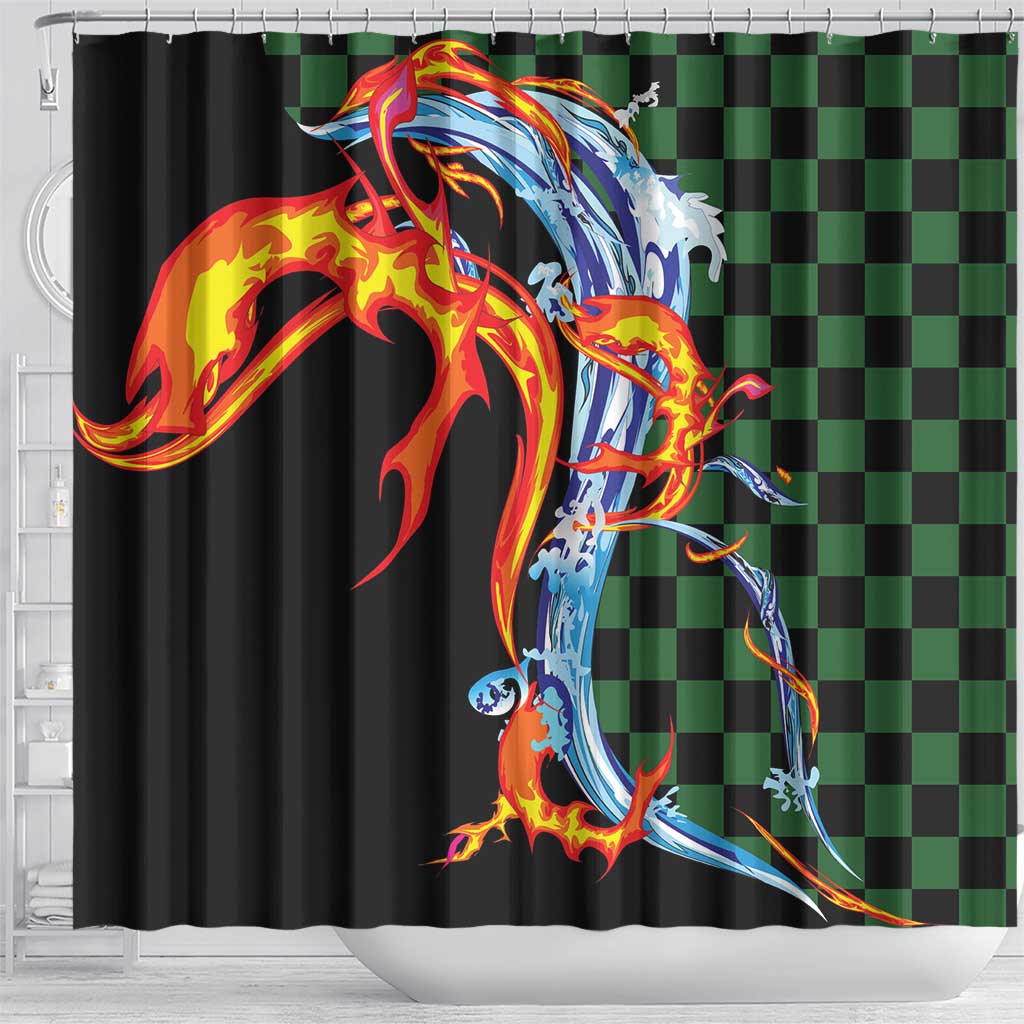 Japanese Asanoha Pattern Shower Curtain Sun Flame Slayer Dragon Hinokami Kagura Spirit - Polynesian Pride