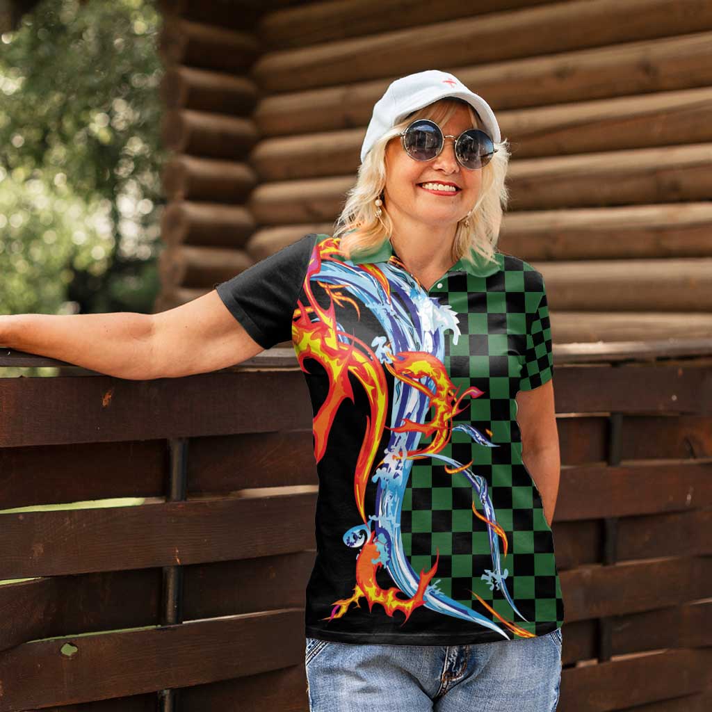 Japanese Asanoha Pattern Women Polo Shirt Sun Flame Slayer Dragon Hinokami Kagura Spirit - Polynesian Pride