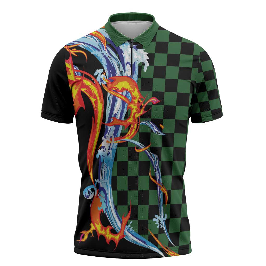 Japanese Asanoha Pattern Zipper Polo Shirt Sun Flame Slayer Dragon Hinokami Kagura Spirit - Polynesian Pride