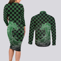 Japanese Asanoha Pattern Couples Matching Long Sleeve Bodycon Dress and Long Sleeve Button Shirt Water Breathing Slayer Dragon - Polynesian Pride