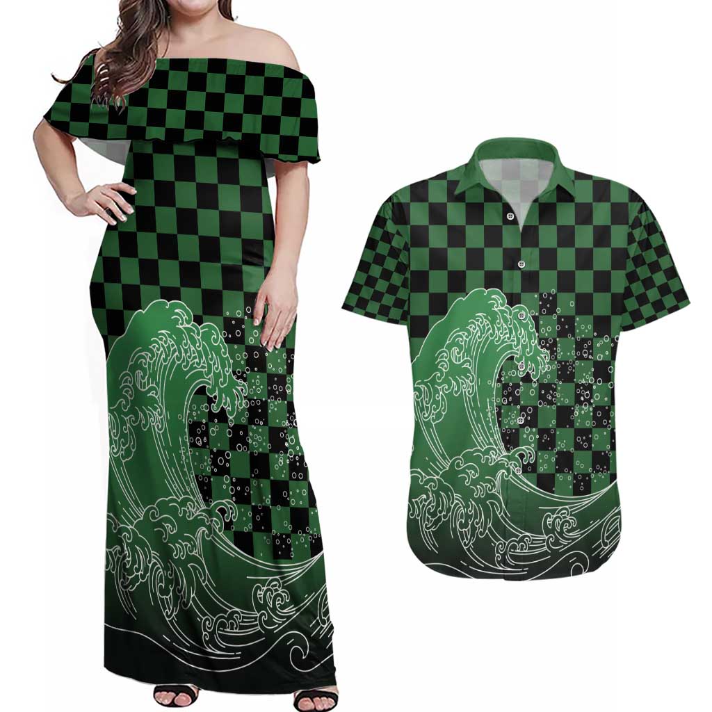 Japanese Asanoha Pattern Couples Matching Off Shoulder Maxi Dress and Hawaiian Shirt Water Breathing Slayer Dragon - Polynesian Pride