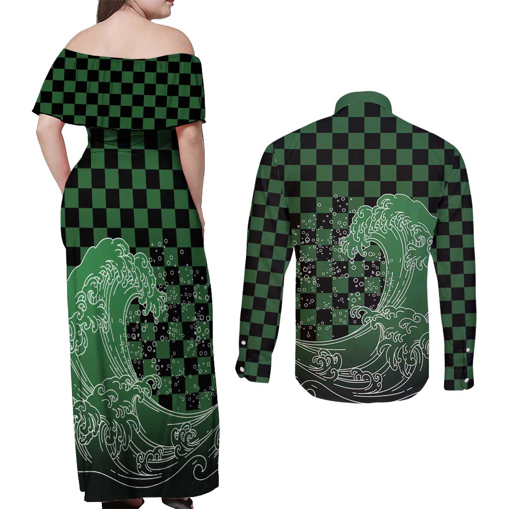 Japanese Asanoha Pattern Couples Matching Off Shoulder Maxi Dress and Long Sleeve Button Shirt Water Breathing Slayer Dragon - Polynesian Pride