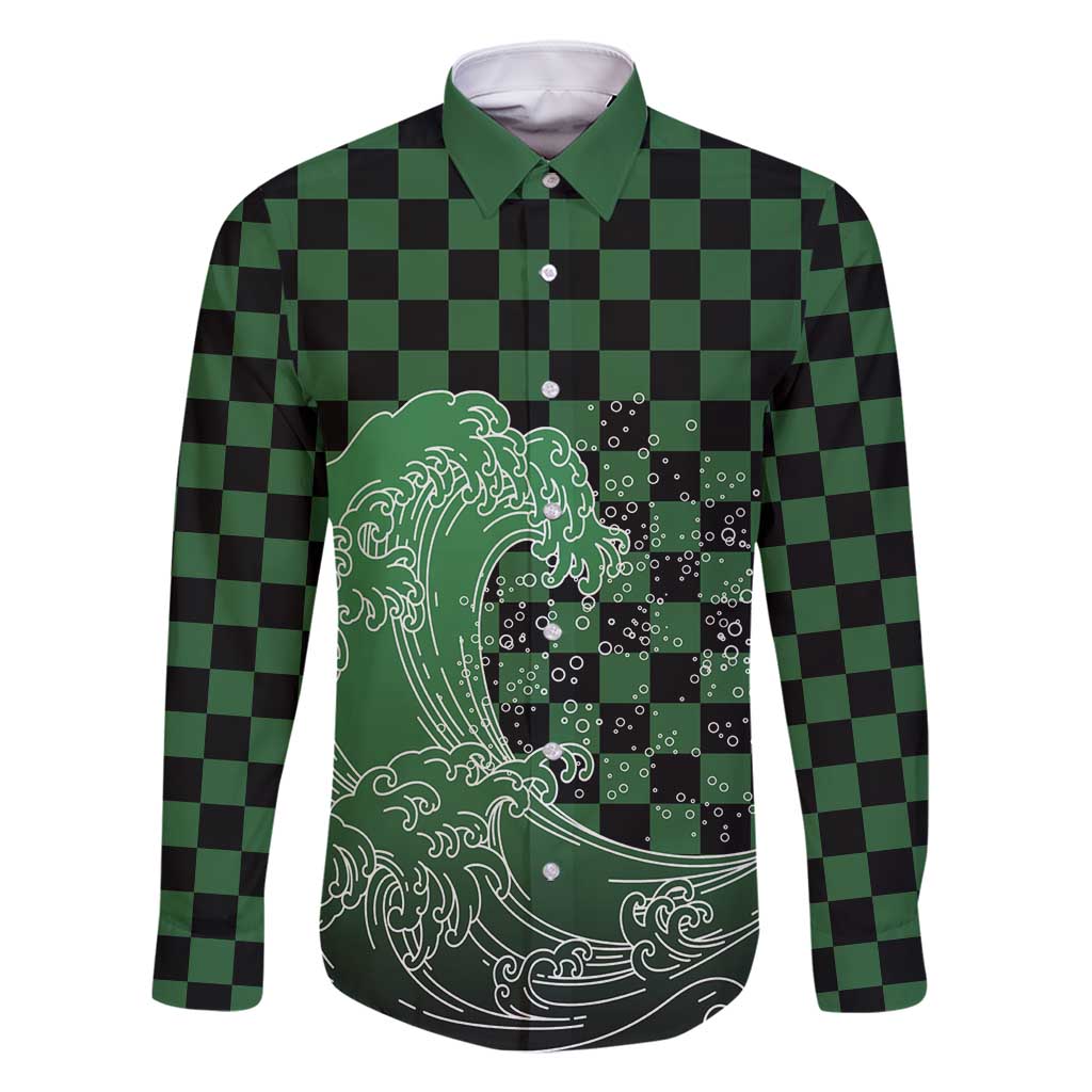 Japanese Asanoha Pattern Family Matching Long Sleeve Bodycon Dress and Hawaiian Shirt Water Breathing Slayer Dragon LT9 Dad's Shirt - Long Sleeve Green - Polynesian Pride