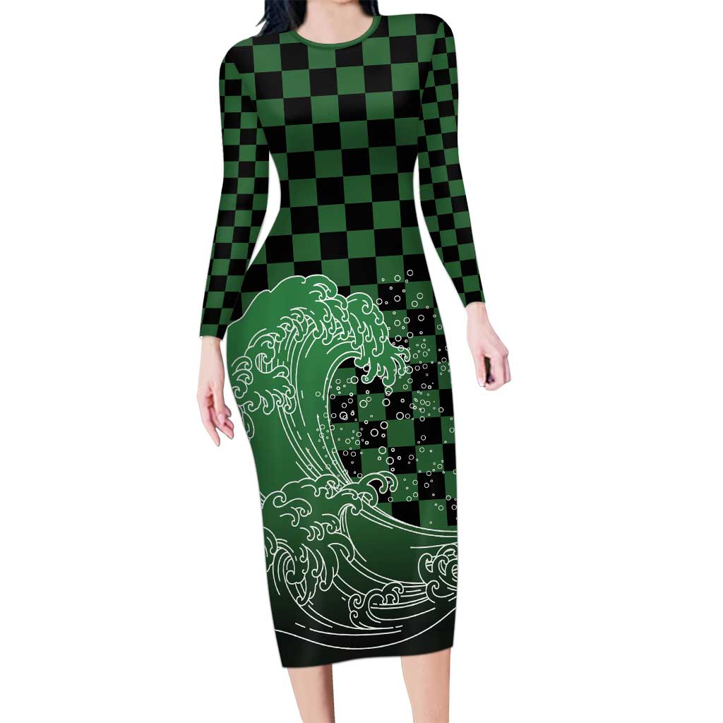 Japanese Asanoha Pattern Family Matching Long Sleeve Bodycon Dress and Hawaiian Shirt Water Breathing Slayer Dragon LT9 Mom's Dress Green - Polynesian Pride