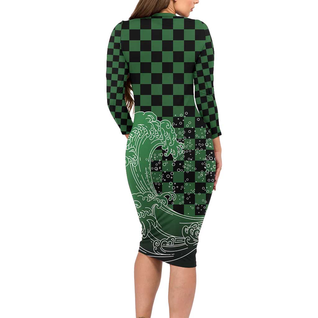 Japanese Asanoha Pattern Long Sleeve Bodycon Dress Water Breathing Slayer Dragon - Polynesian Pride