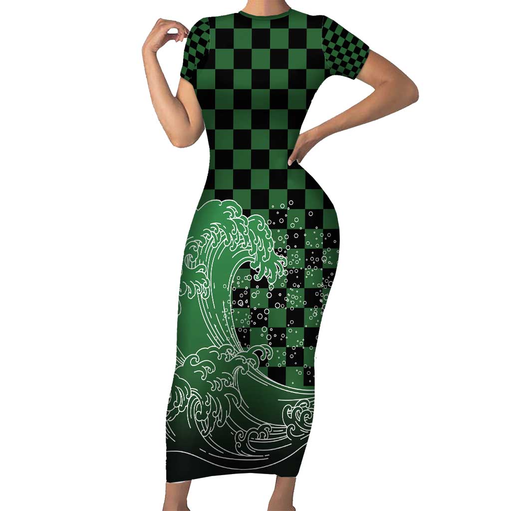 Japanese Asanoha Pattern Short Sleeve Bodycon Dress Water Breathing Slayer Dragon LT9 Long Dress Green - Polynesian Pride