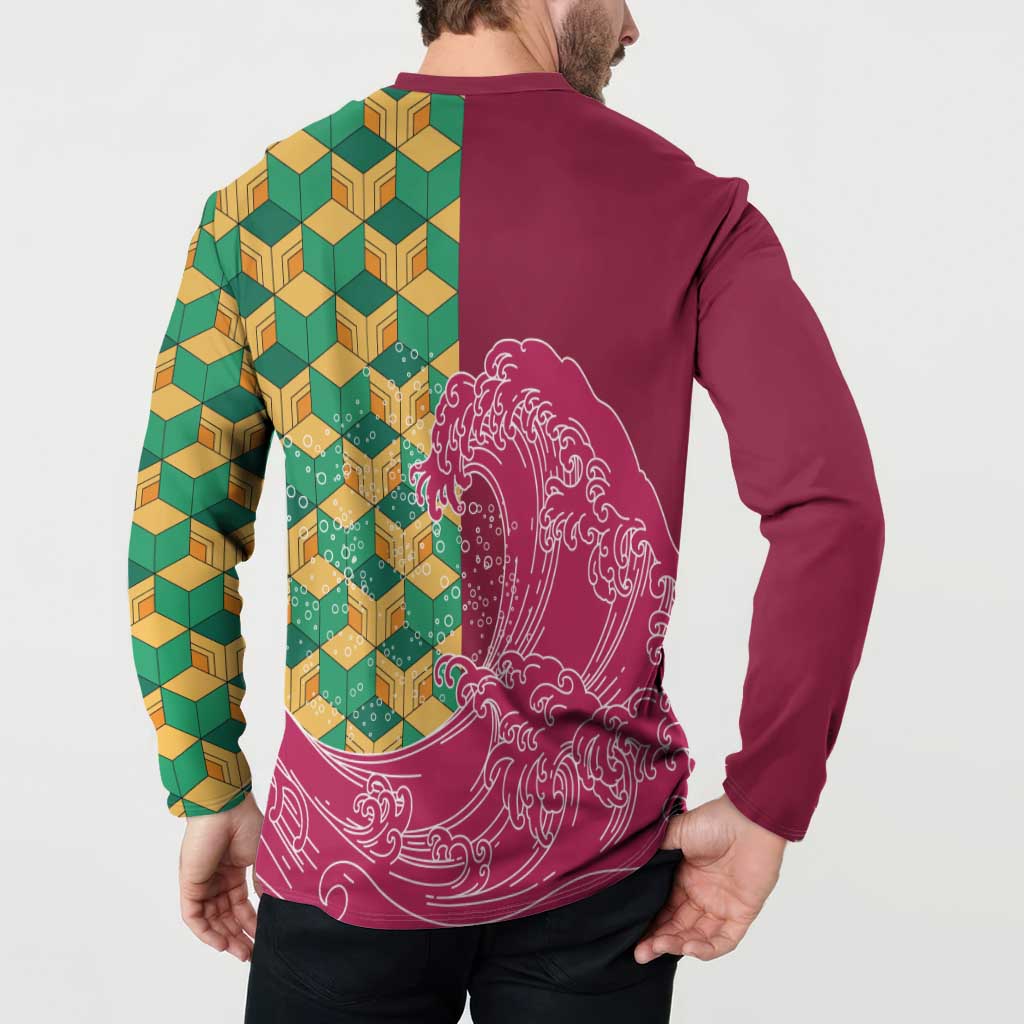 Japanese Bishamon-Kikkou Pattern Button Sweatshirt Water Pillar Silent River Flow - Polynesian Pride