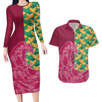 Japanese Bishamon-Kikkou Pattern Couples Matching Long Sleeve Bodycon Dress and Hawaiian Shirt Water Pillar Silent River Flow - Polynesian Pride