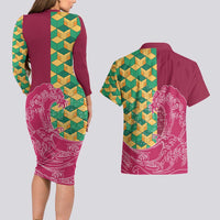 Japanese Bishamon-Kikkou Pattern Couples Matching Long Sleeve Bodycon Dress and Hawaiian Shirt Water Pillar Silent River Flow - Polynesian Pride