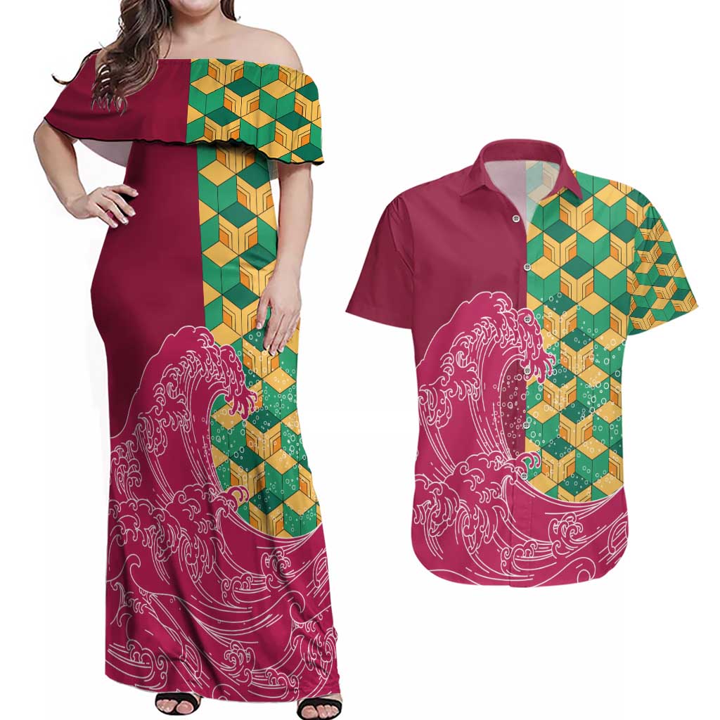 Japanese Bishamon-Kikkou Pattern Couples Matching Off Shoulder Maxi Dress and Hawaiian Shirt Water Pillar Silent River Flow - Polynesian Pride