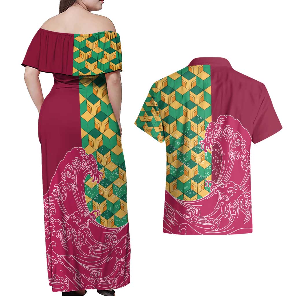 Japanese Bishamon-Kikkou Pattern Couples Matching Off Shoulder Maxi Dress and Hawaiian Shirt Water Pillar Silent River Flow - Polynesian Pride