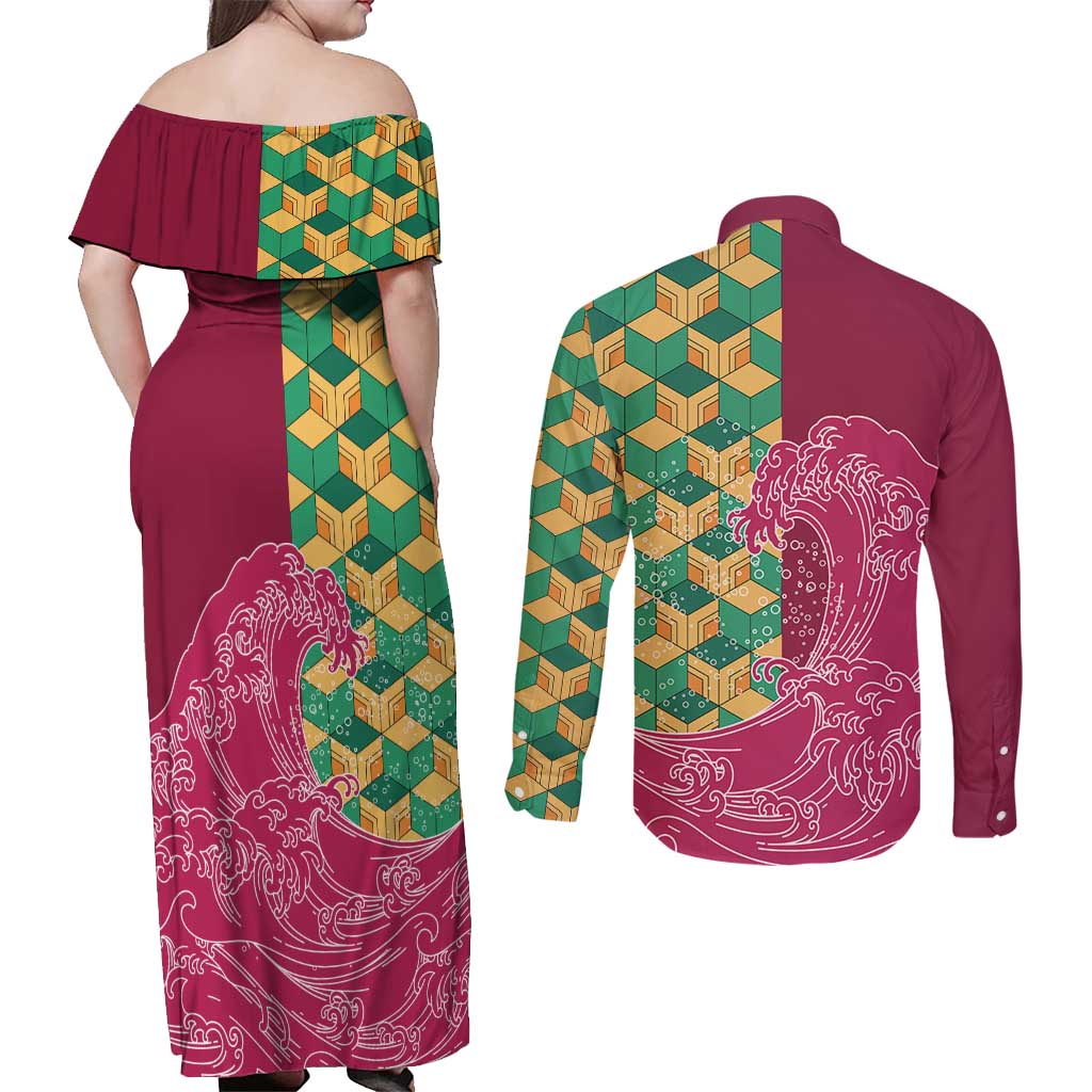 Japanese Bishamon-Kikkou Pattern Couples Matching Off Shoulder Maxi Dress and Long Sleeve Button Shirt Water Pillar Silent River Flow LT9 - Polynesian Pride