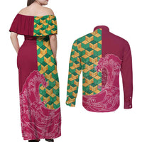 Japanese Bishamon-Kikkou Pattern Couples Matching Off Shoulder Maxi Dress and Long Sleeve Button Shirt Water Pillar Silent River Flow LT9 - Polynesian Pride