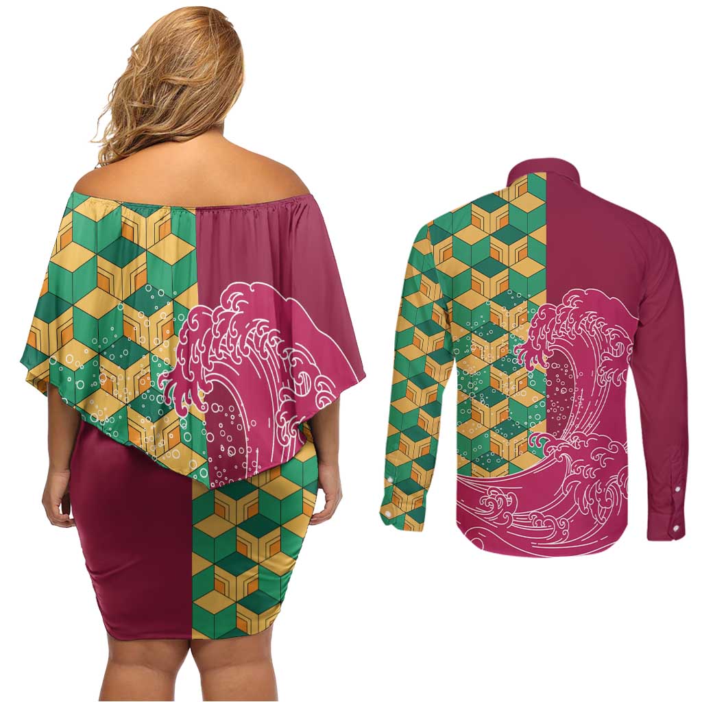 Japanese Bishamon-Kikkou Pattern Couples Matching Off Shoulder Short Dress and Long Sleeve Button Shirt Water Pillar Silent River Flow - Polynesian Pride