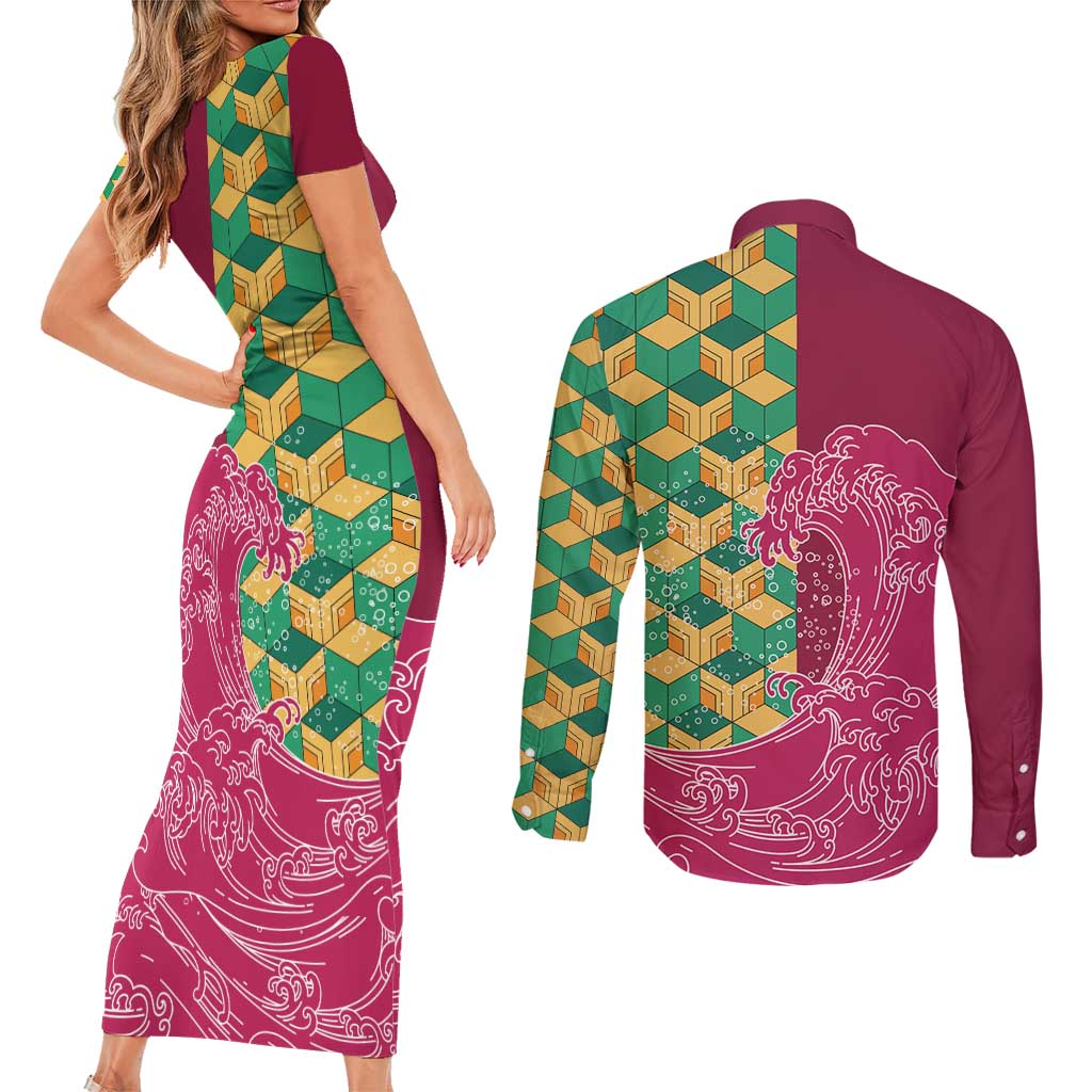 Japanese Bishamon-Kikkou Pattern Couples Matching Short Sleeve Bodycon Dress and Long Sleeve Button Shirt Water Pillar Silent River Flow - Polynesian Pride
