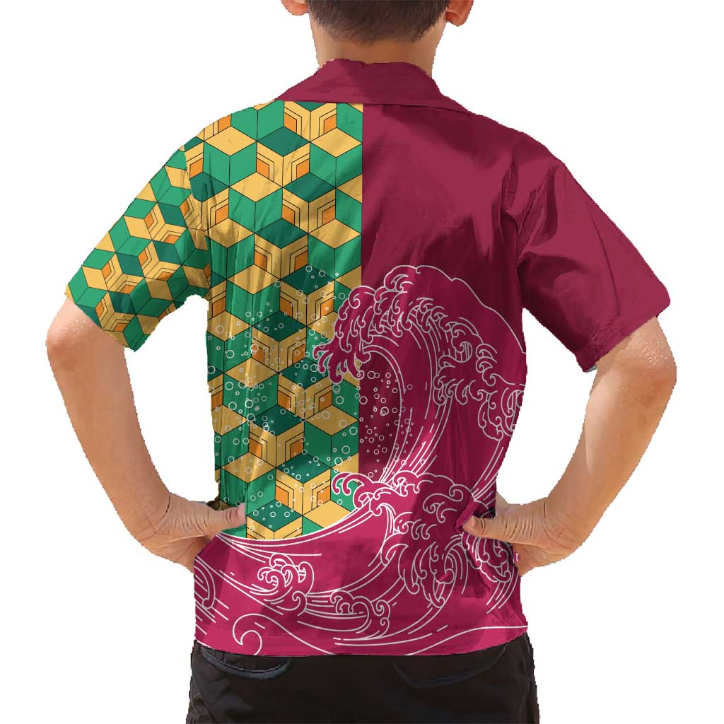Japanese Bishamon-Kikkou Pattern Family Matching Long Sleeve Bodycon Dress and Hawaiian Shirt Water Pillar Silent River Flow - Polynesian Pride