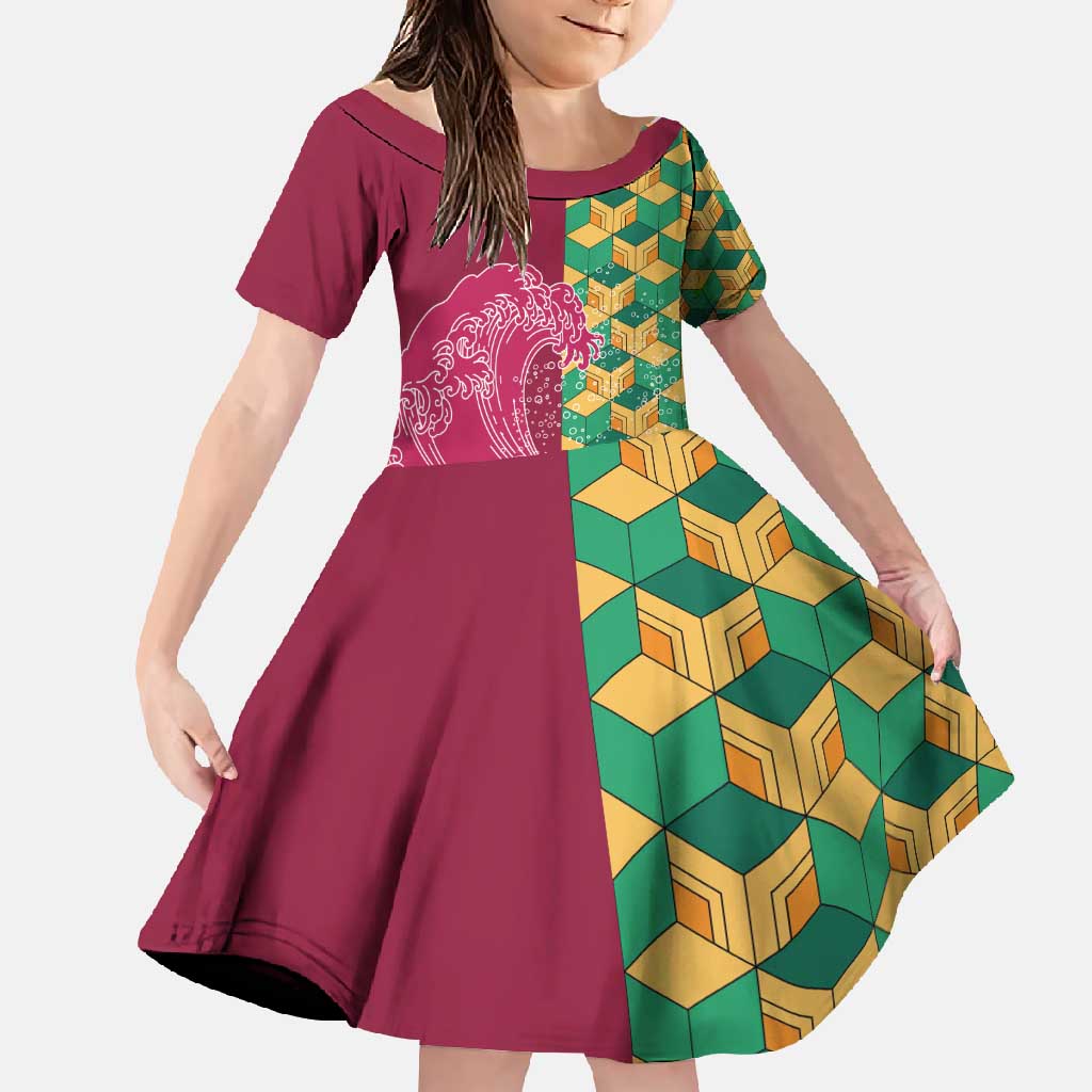 Japanese Bishamon-Kikkou Pattern Family Matching Long Sleeve Bodycon Dress and Hawaiian Shirt Water Pillar Silent River Flow - Polynesian Pride