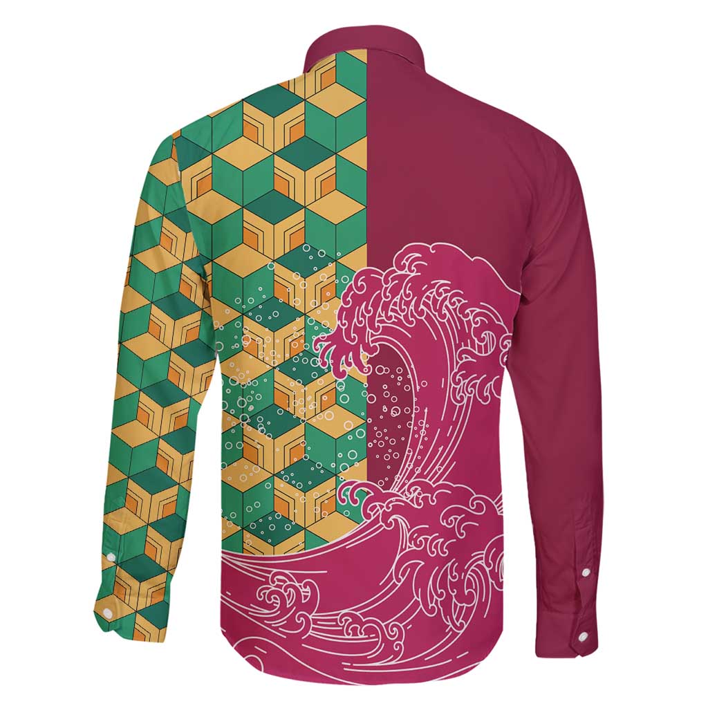 Japanese Bishamon-Kikkou Pattern Family Matching Long Sleeve Bodycon Dress and Hawaiian Shirt Water Pillar Silent River Flow - Polynesian Pride