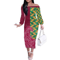 Japanese Bishamon-Kikkou Pattern Family Matching Off The Shoulder Long Sleeve Dress and Hawaiian Shirt Water Pillar Silent River Flow - Polynesian Pride