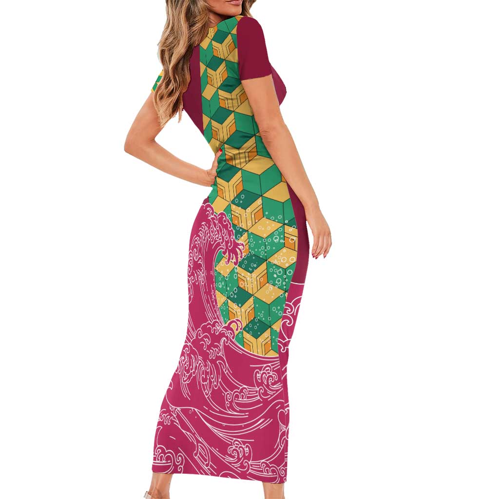 Japanese Bishamon-Kikkou Pattern Family Matching Short Sleeve Bodycon Dress and Hawaiian Shirt Water Pillar Silent River Flow - Polynesian Pride