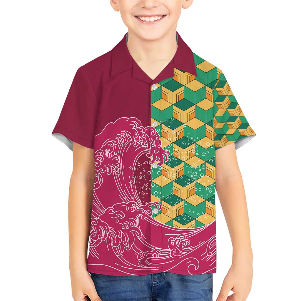 Japanese Bishamon-Kikkou Pattern Family Matching Short Sleeve Bodycon Dress and Hawaiian Shirt Water Pillar Silent River Flow - Polynesian Pride