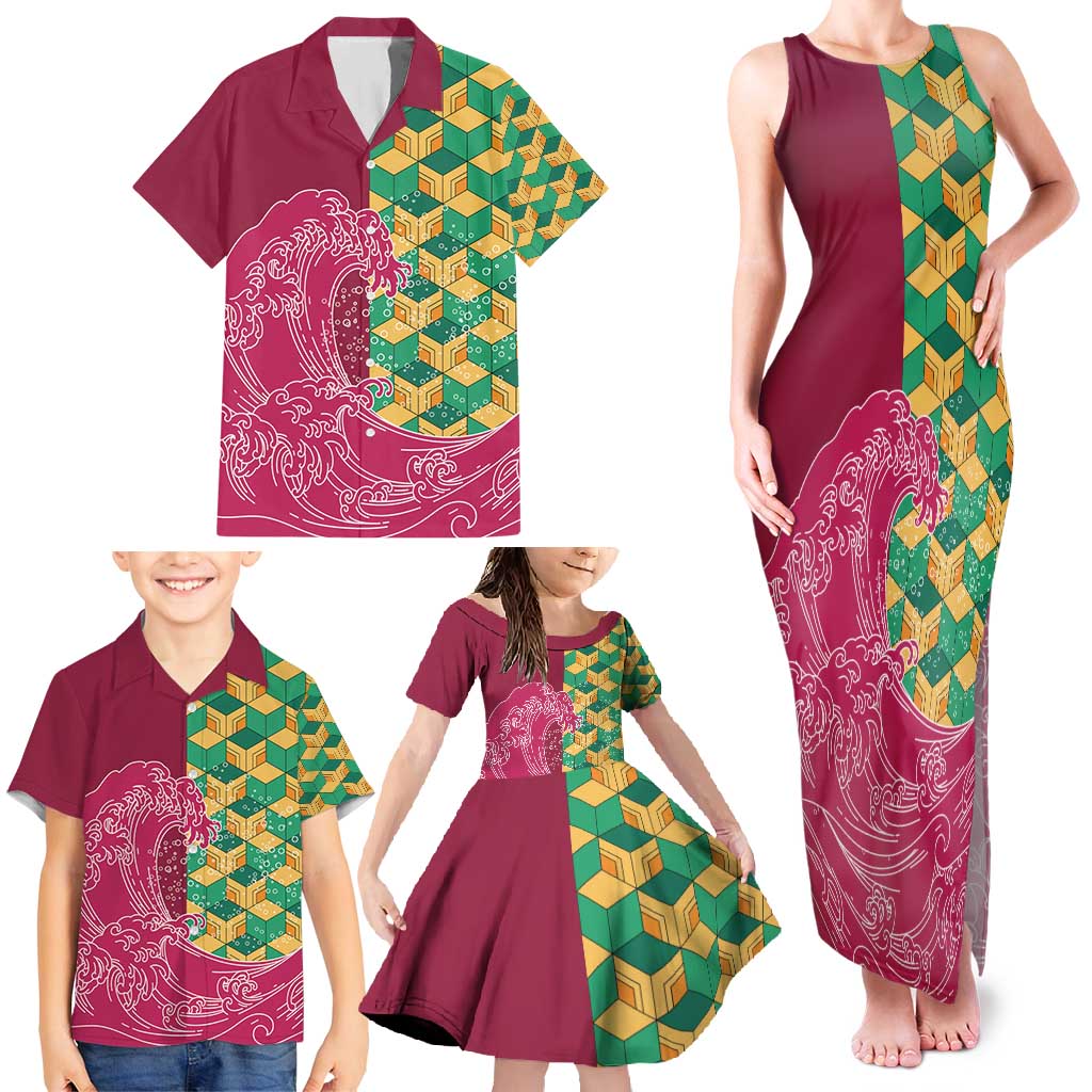 Japanese Bishamon-Kikkou Pattern Family Matching Tank Maxi Dress and Hawaiian Shirt Water Pillar Silent River Flow - Polynesian Pride