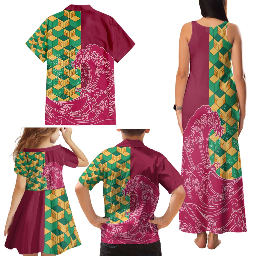Japanese Bishamon-Kikkou Pattern Family Matching Tank Maxi Dress and Hawaiian Shirt Water Pillar Silent River Flow - Polynesian Pride
