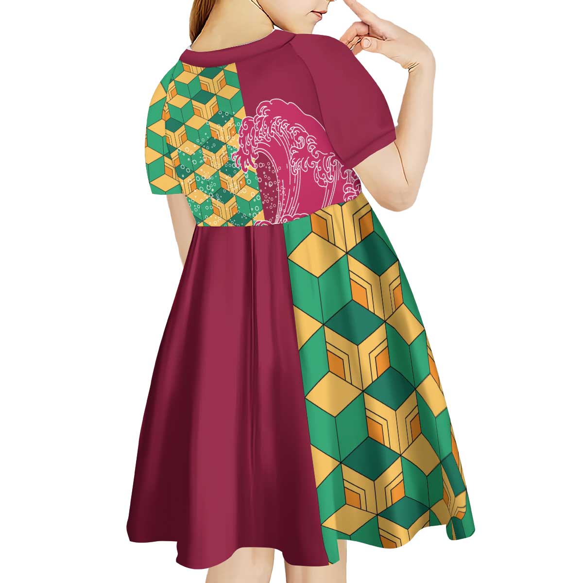 Japanese Bishamon-Kikkou Pattern Kid Short Sleeve Dress Water Pillar Silent River Flow - Polynesian Pride